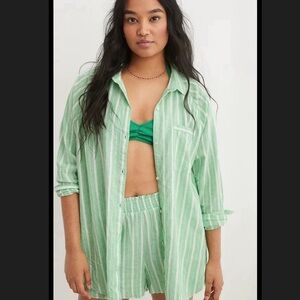 Aerie Pool to Party Celebrity Green Linen Blend Button Down Cover Up Top Size S